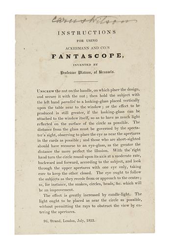 (CHILDRENS LITERATURE.) OPTICAL TOY. Fantascope, invented by Professor Plateau of Brussels.